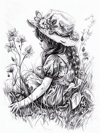 Black and white portrait girl in the grass by PixelPrestige