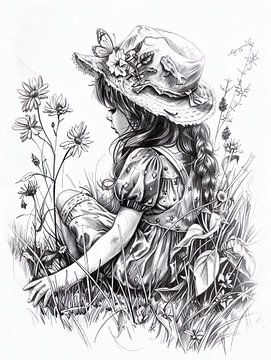 Zwart wit portret meisje in het gras van PixelPrestige