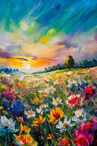 Bloemen veld in zons ondergang