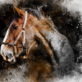 Braunes Pferd, Aquarell eines Pferdes in Braun, Weiß, Schwarz und Kupfer von MadameRuiz