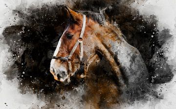 Cheval brun, Aquarelle d'un cheval en brun, blanc, noir et cuivre