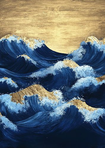 Art Deco Waves Sea Gold Moon Blue