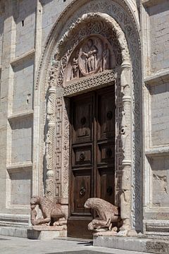 Deux lions devant la porte de la cathédrale San Rufino à Assise, Italie sur Joost Adriaanse