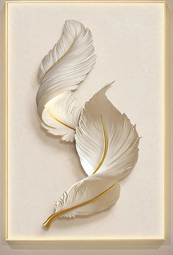 Moderne 3D-Wanddekoration in Weiß und Gold mit Federmotiv
