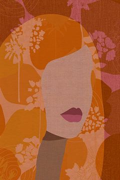 Retro portret in terracotta, oker, roze op linnen. van Dina Dankers