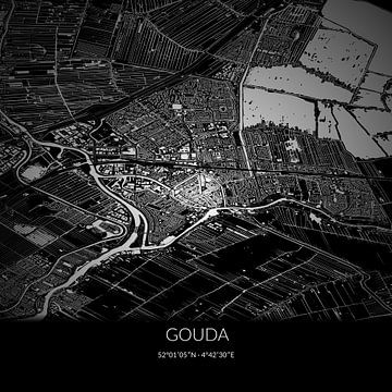 Carte en noir et blanc de Gouda, Hollande méridionale. sur Rezona