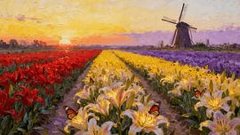 Kleurrijke bloemenveld wanddecoratie – Olieverfschilderij in windmolenlandschapstijl van ForKey