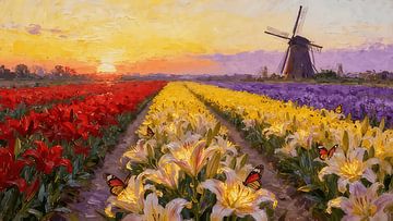 Farbenfrohe Blumenwiese als Wanddekoration – Ölgemälde im Stil einer Windmühlenlandschaft von ForKey