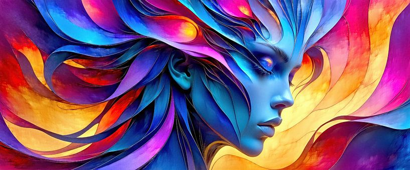 Abstractie van de elementen - Het mysterieuze gezicht van een etherische vrouw, omringd door golvende waaiers van blauw, paars en oranje, in tijdloze sereniteit van AidasignArt