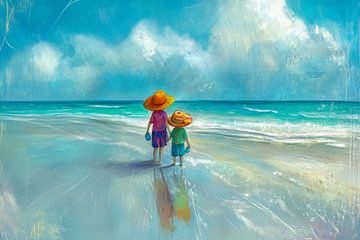 Schilderij met twee kinderen aan zee,  strandwandeling van Peter Pen tekeningen en schilderijen