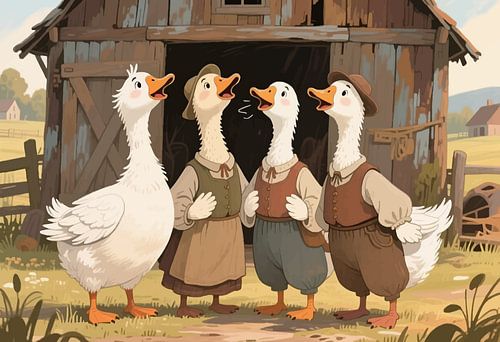 Portretillustratie van zingende ganzen in een landelijk landschap
