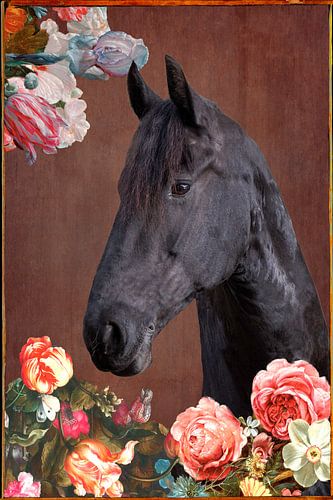Hoofd van een paard, omringd door bloemen.