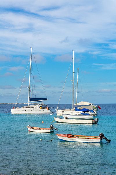 Paysage avec des bateaux de pêche et des voiliers flottant sur la mer bleue par Ben Schonewille