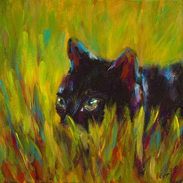 Chat noir à l'affût sur Karen Kaspar