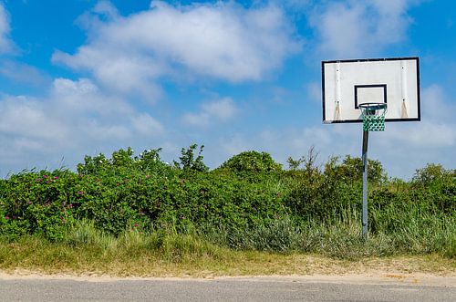 Basketball hoop at the edge of the field under a blue sky