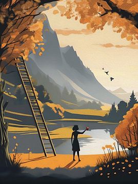 La dernière pomme - fille au bord d'un lac de montagne en automne