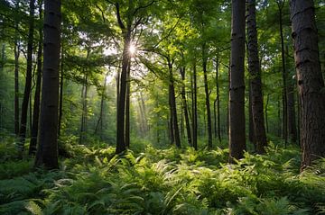 Zonnestralen door zomers groen bos van De Muurdecoratie