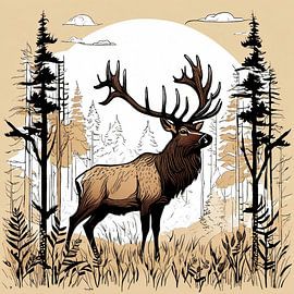 Majestic Wapiti Elk in Graphic Forest – Vintage Nature Illustration by DesignByDessie