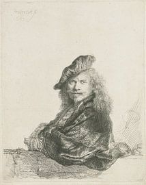 Autoportrait avec l'avant-bras appuyé sur un seuil en pierre, Rembrandt van Rijn.