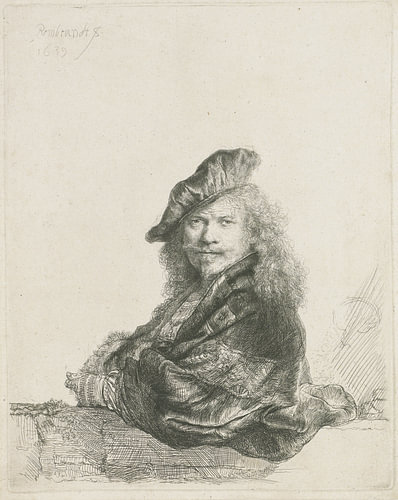 Zelfportret met de onderarm leunend op een stenen dorpel, Rembrandt van Rijn