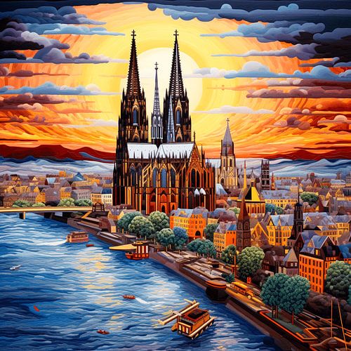 Borduurwerk Stad Keulen Dom Rijn gedetailleerd kleurrijk