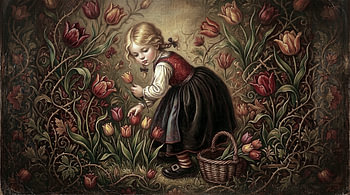 Dutch Girl Picking Tulips In An Old Master Painting