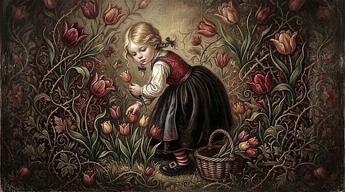 Ein niederländisches Mädchen pflückt Tulpen in einem Gemälde eines alten Meisters