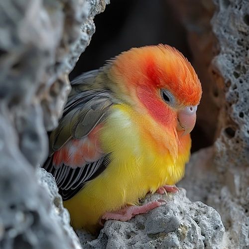 Un adorable inséparable perché sur un rocher dans une grotte