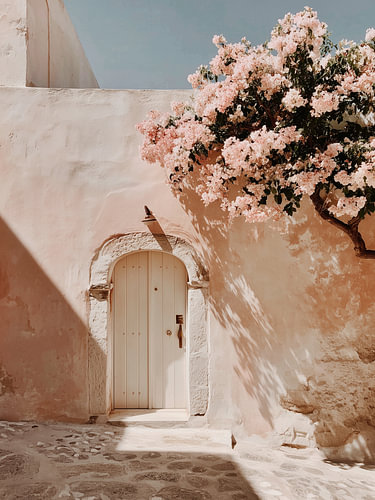 Arbre en fleurs au-dessus d'une porte en pierre – Art méditerranéen