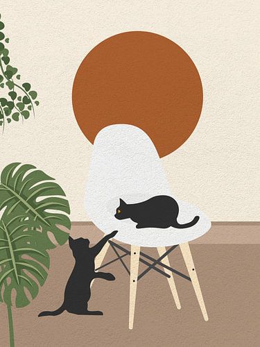 Minimal Art zwei schwarze Katze spielen auf einem Stuhl