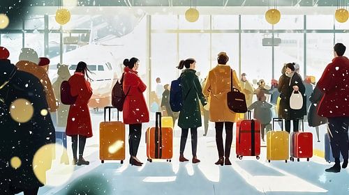 Reizigers wachten op de besneeuwde luchthaven