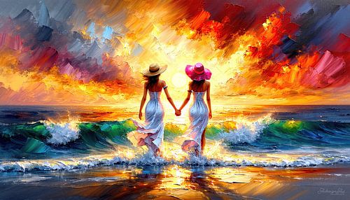 De vrouw met de roze zonnehoed in het licht van de liefde - Twee vrouwen in de zonsondergang, gedragen door golven en kleur
