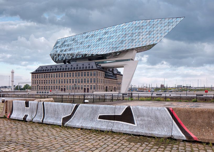 Antwerp Port House against a dramatic cloudy sky with graffiti  by Tony Vingerhoets