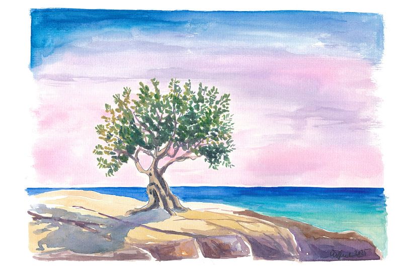 Greek olive tree dreams above the sparkling blue of the Mediterranean by Markus Bleichner
