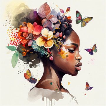 Aquarel vlinder Afrikaanse vrouw #6 van Chromatic Fusion Studio