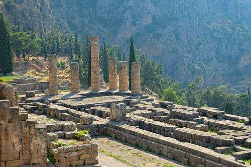 Ruins of the archaeological site of Delphi with ancient columns