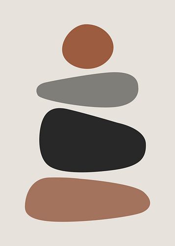 Minimalistische, platte, abstracte illustratie van opgestapelde kiezels en een cirkel in bohemienstijl.