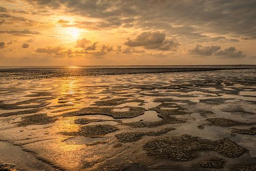 Het drooggevallen wad bij Ternaard net voor zonsondergang met een gouden randje