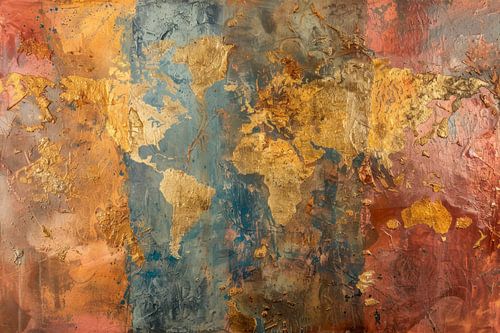 Wereldkaart Abstract - Warme Blauwe Aardetinten