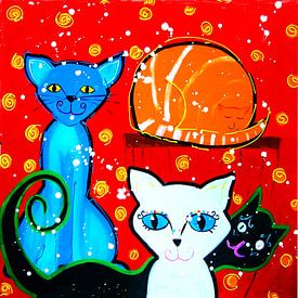 Painting of Pussycats with red background  by Nicole Habets