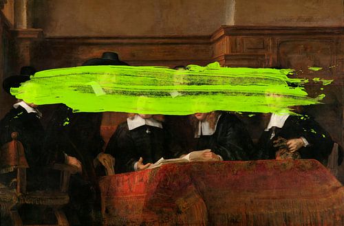 Die Stahlmeister von Rembrandt van Rijn mit einem dezenten grünen Farbfleck