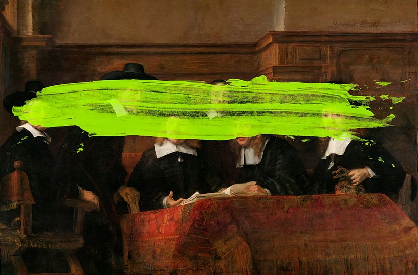 De Staalmeesters van Rembrandt van Rijn met een subtiel groen verfvlekje erin van Maarten Knops