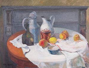Stilleven met kannen, kruiken appels en citroenen