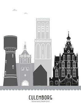 Skyline illustratie stad Culemborg in zwart-wit-grijs