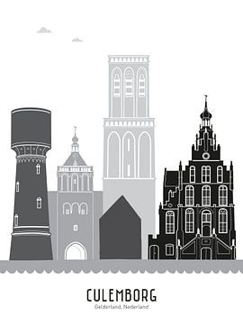 Skyline illustratie stad Culemborg in zwart-wit-grijs van Mevrouw Emmer