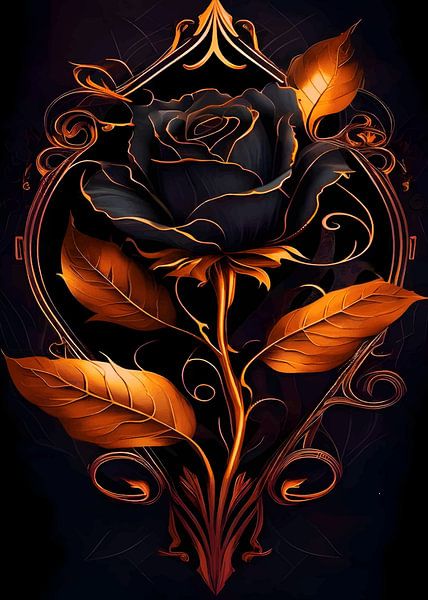 rose noire à feuilles d'or par nayyara art