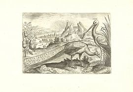 Zwei Vögel in einer Landschaft von Adriaen Collaert, 1598 - 1602