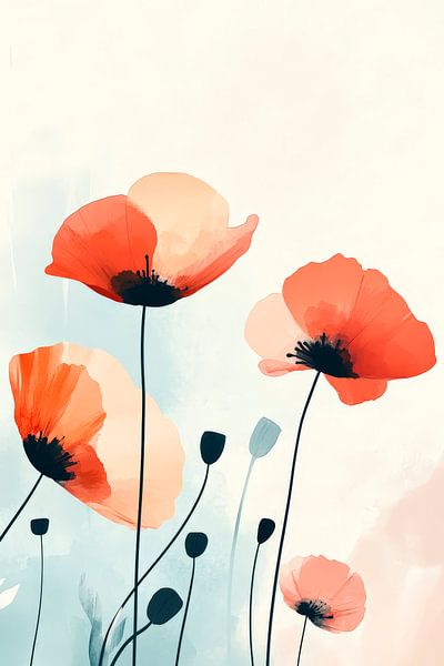 Poppy blossoms in a soft watercolour style by Poster Art Shop