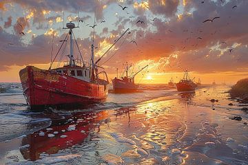 Bateaux de pêche traditionnels au coucher du soleil avec des mouettes sur Felix Brönnimann