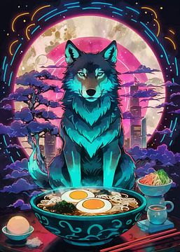 A Wolf Eating Ramen Noodle by MIROKKU